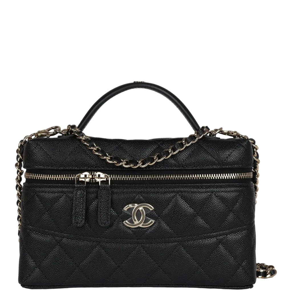 Sac à main long Ch@nel CC avec poignée supérieure et chaîne,caviar noir et finitions or clair