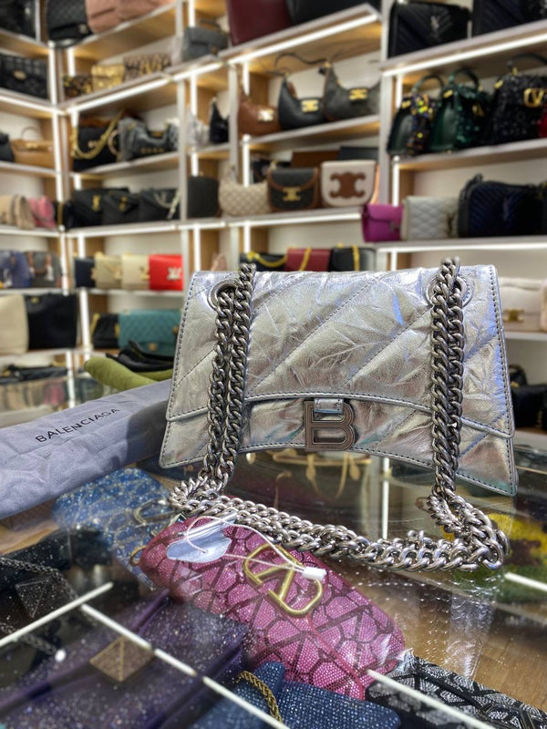 B@lenciaga Sac Crush avec chaîne en cuir argenté