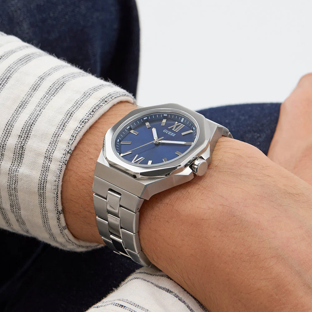 Montre Guess pour homme, argentée, cadran bleu | GW0849G1