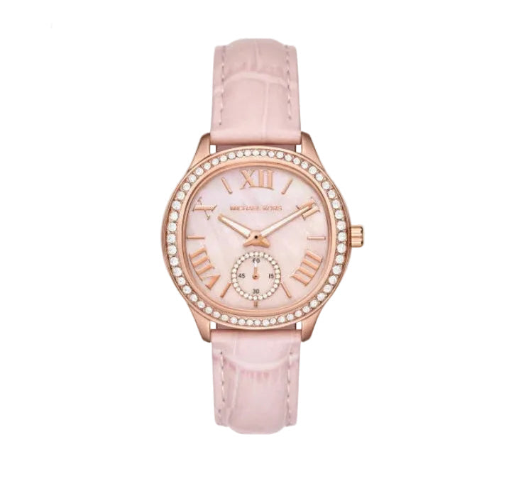 MK Montre Sage pavée de cristaux et de couleur or rose, avec bracelet en cuir gaufré effet crocodile