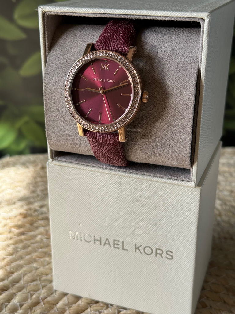 Montre Mich@el Kors Curie pour femme, cadran rouge et bracelet en cuir rouge, cristaux - MKO1025