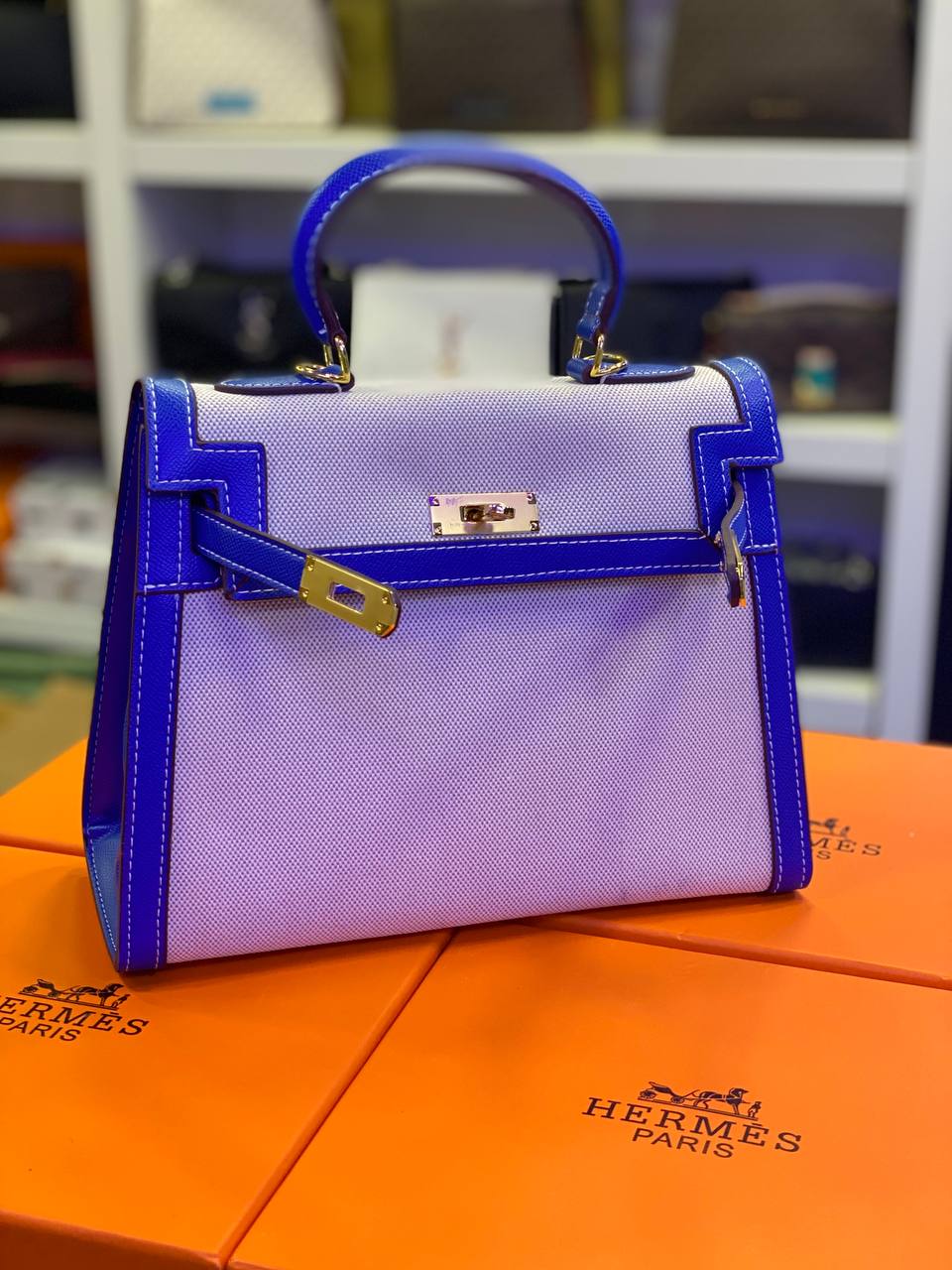 HRMS Sac à main Hermes Kelly 28 Bleu Écru