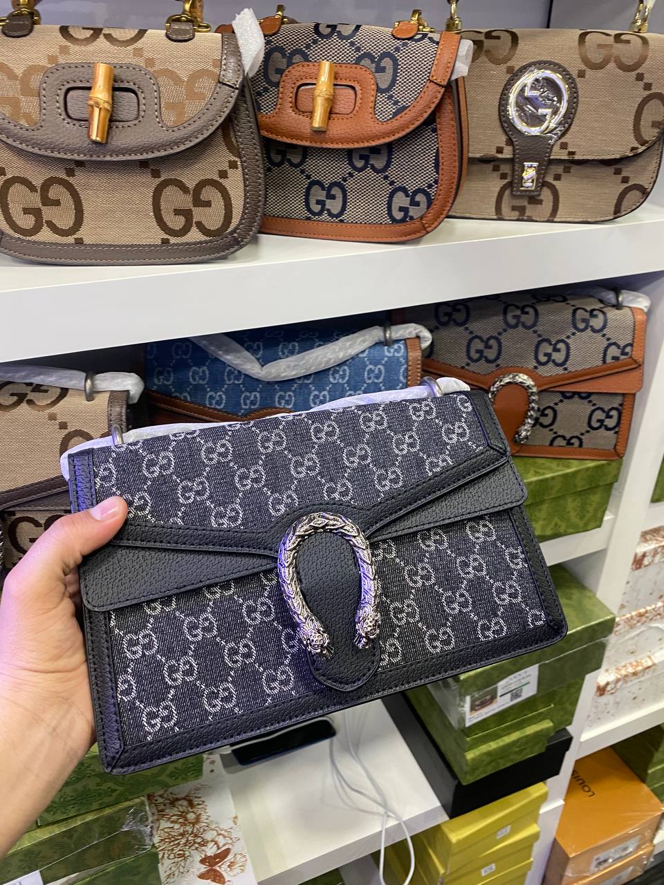 GG Jacquard Black Denim GG Monogram Sac à bandoulière Dionysus de veau texturé