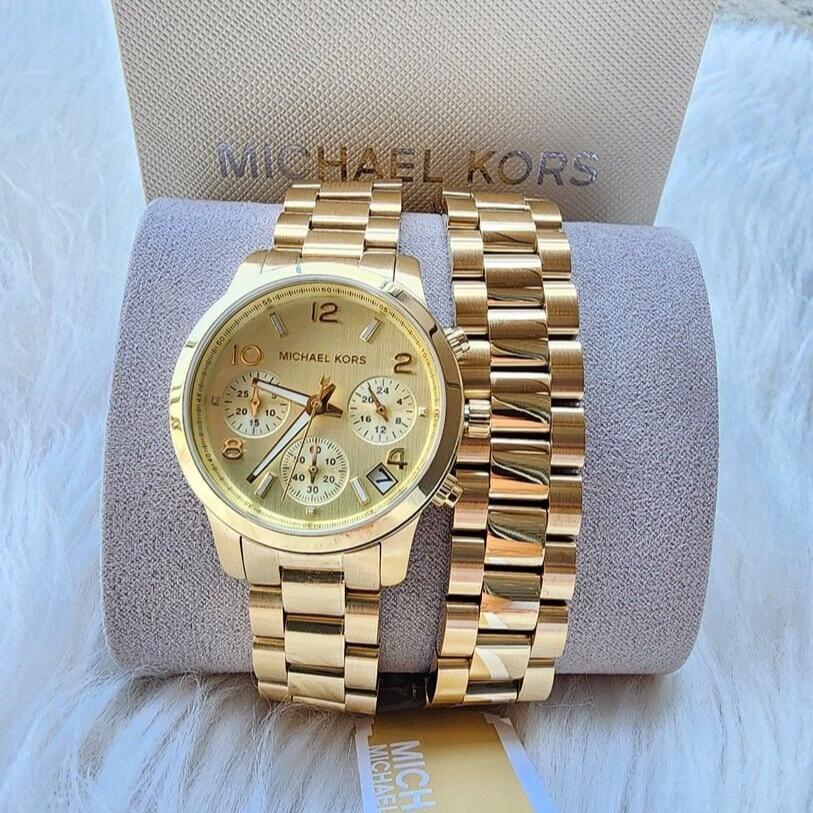 Montre chronographe analogique Mich@el Kors Runway avec cadran doré et bracelet en acier doré pour femme - MK7452