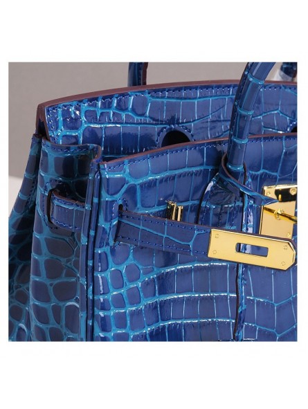 HRMS Sac à main poignée avec cadenas en véritable verni effet croco