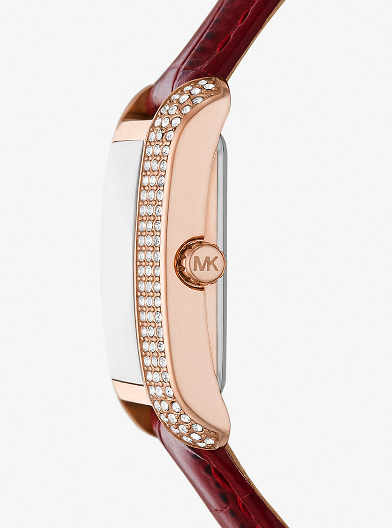 MK Montre Emery miniature de ton or rose à pavé et à bracelet en cuir gaufré à motif crocodile