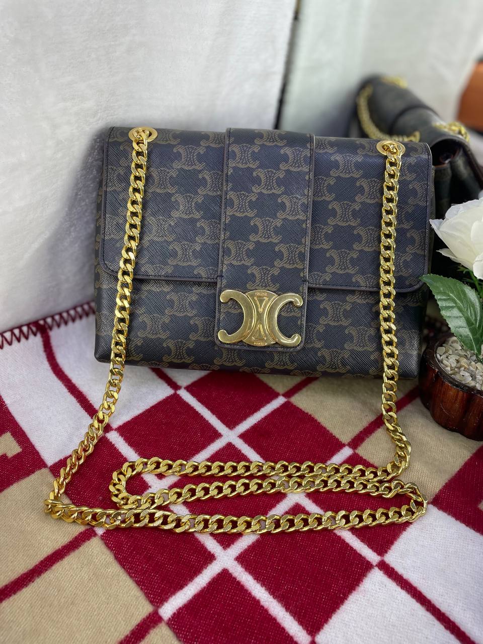 Sac bandoulière Celine Victoire Teen en toile Triomphe marron en cuir