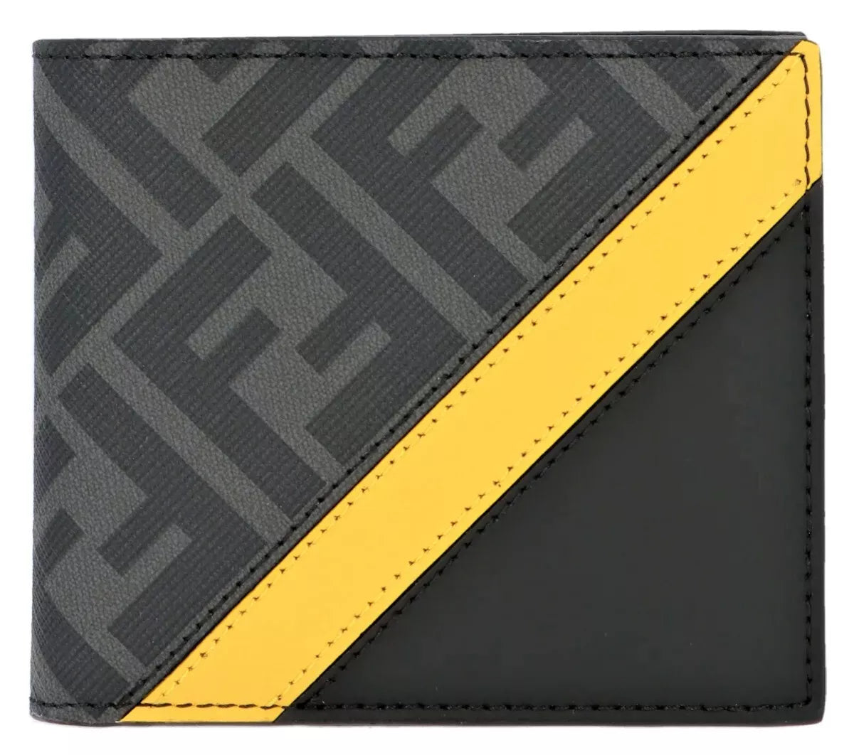 FÊNDÏ 'FF Diagonal Logo Yellow Band' Authentic Men's Canvas & Leather Wallet NWT