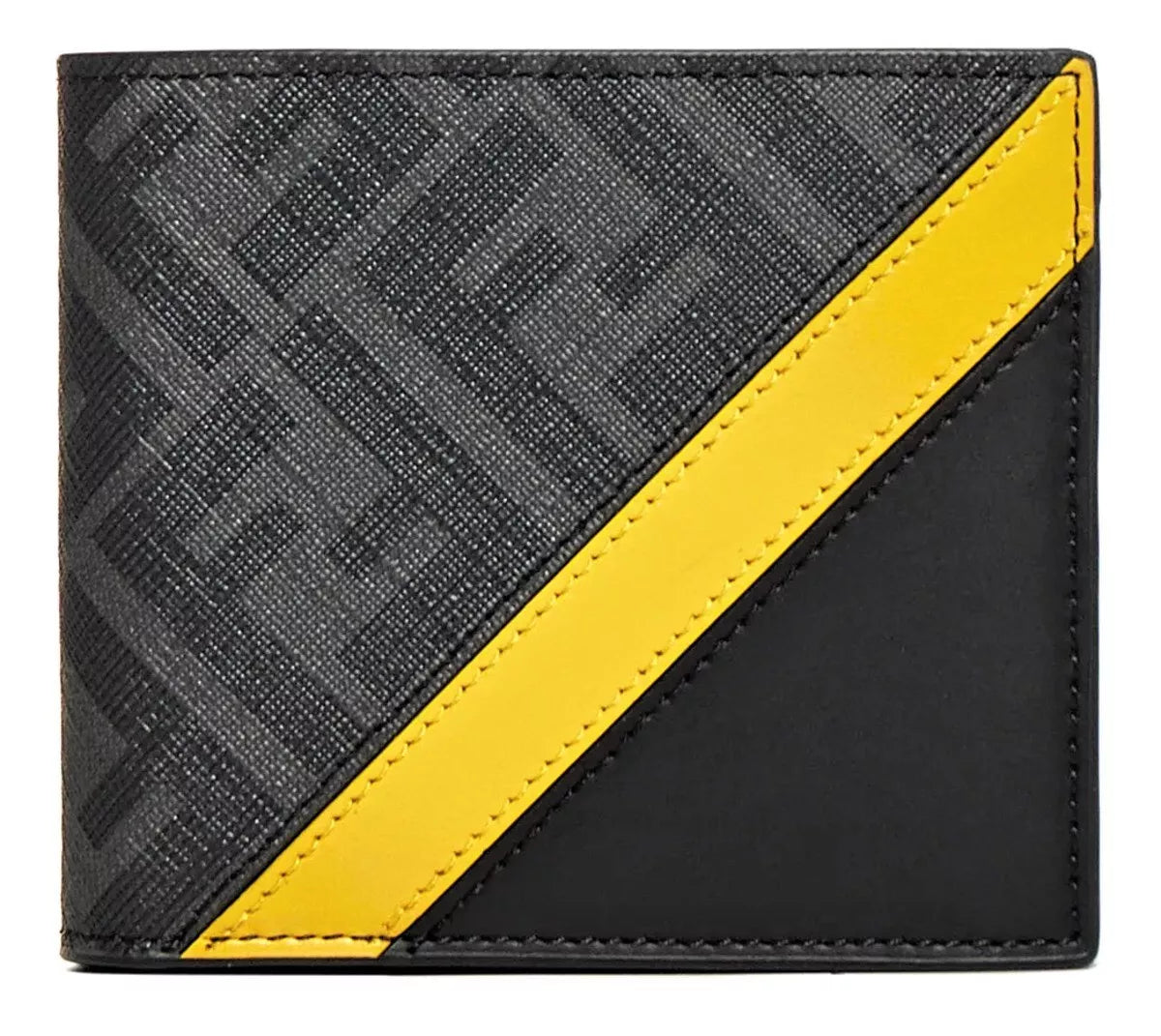 FÊNDÏ 'FF Diagonal Logo Yellow Band' Authentic Men's Canvas & Leather Wallet NWT