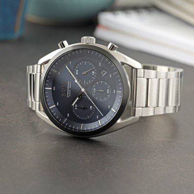 Bôss montre chronographe avec cadran bleu et bracelet à maillons