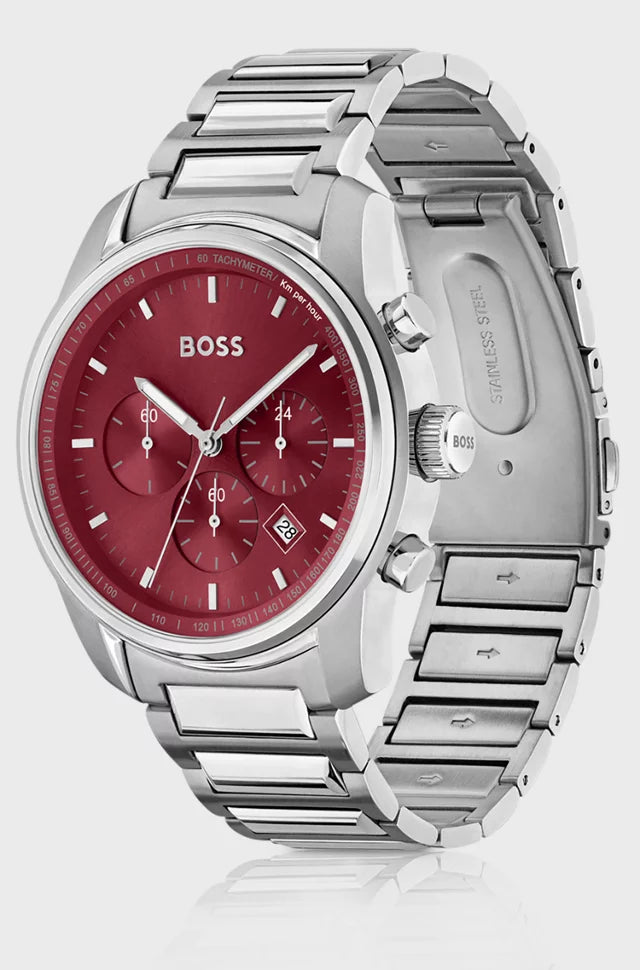 Bôss Montre chronographe à cadran bordeaux et bracelet à maillons