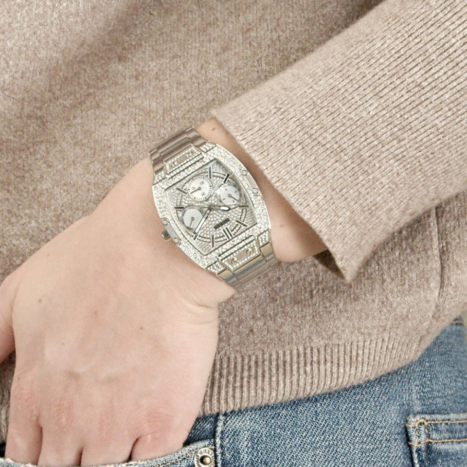 Guess Montre pour femme en stainless garnie de pierres, cadran rectangulaire
GW0104L1