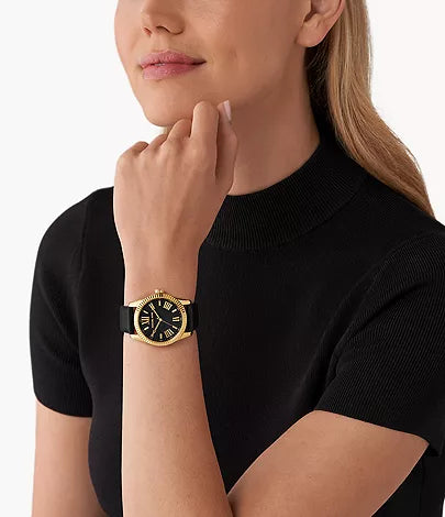Montre à trois aiguilles en cuir noir Lexington Michael Kors