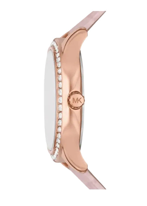 MK Montre Sage pavée de cristaux et de couleur or rose, avec bracelet en cuir gaufré effet crocodile