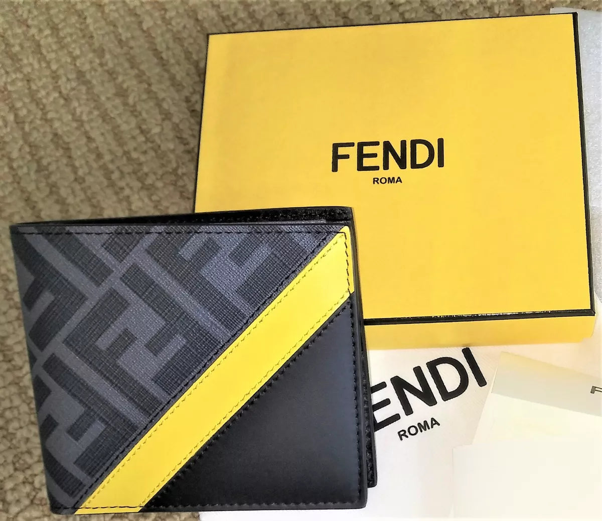 FÊNDÏ 'FF Diagonal Logo Yellow Band' Authentic Men's Canvas & Leather Wallet NWT