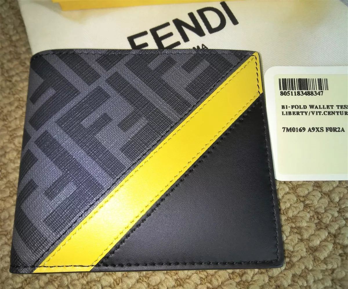 FÊNDÏ 'FF Diagonal Logo Yellow Band' Authentic Men's Canvas & Leather Wallet NWT