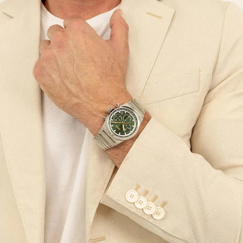 Montre chronographe à cadran vert en acier argenté