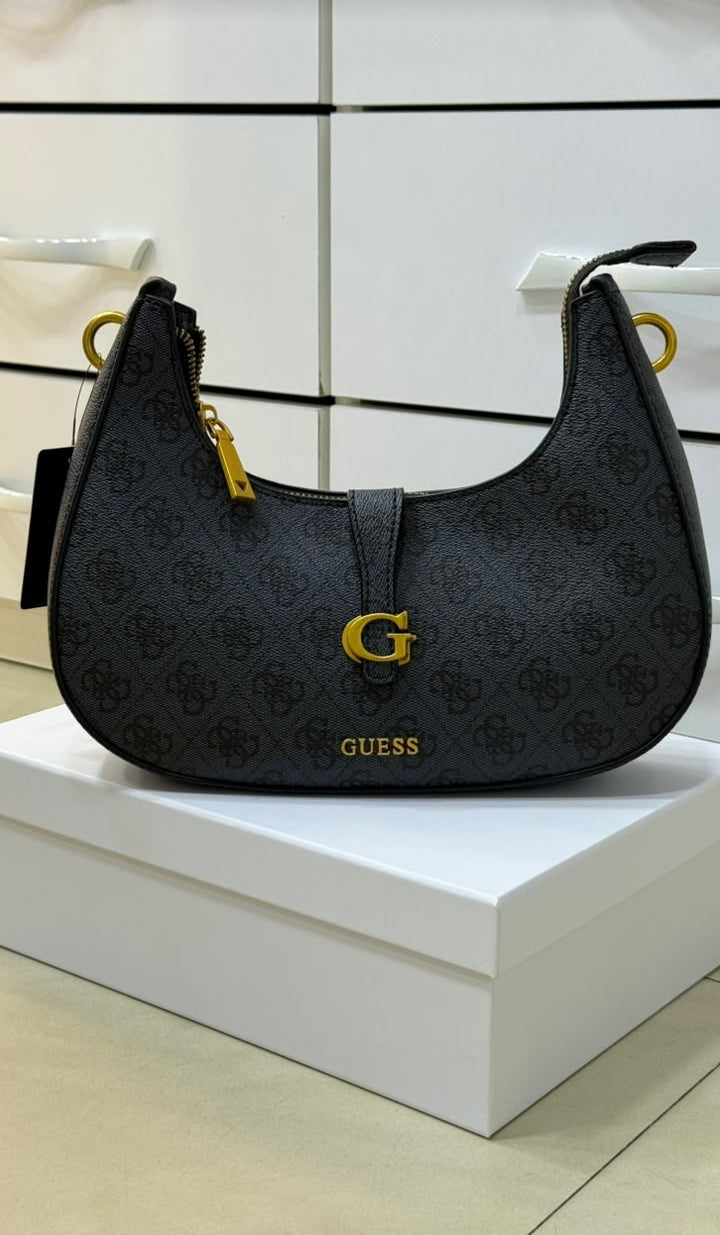 Guess Sac porté épaule Kuba zippé sur le dessus – Motif logo gris anthracite