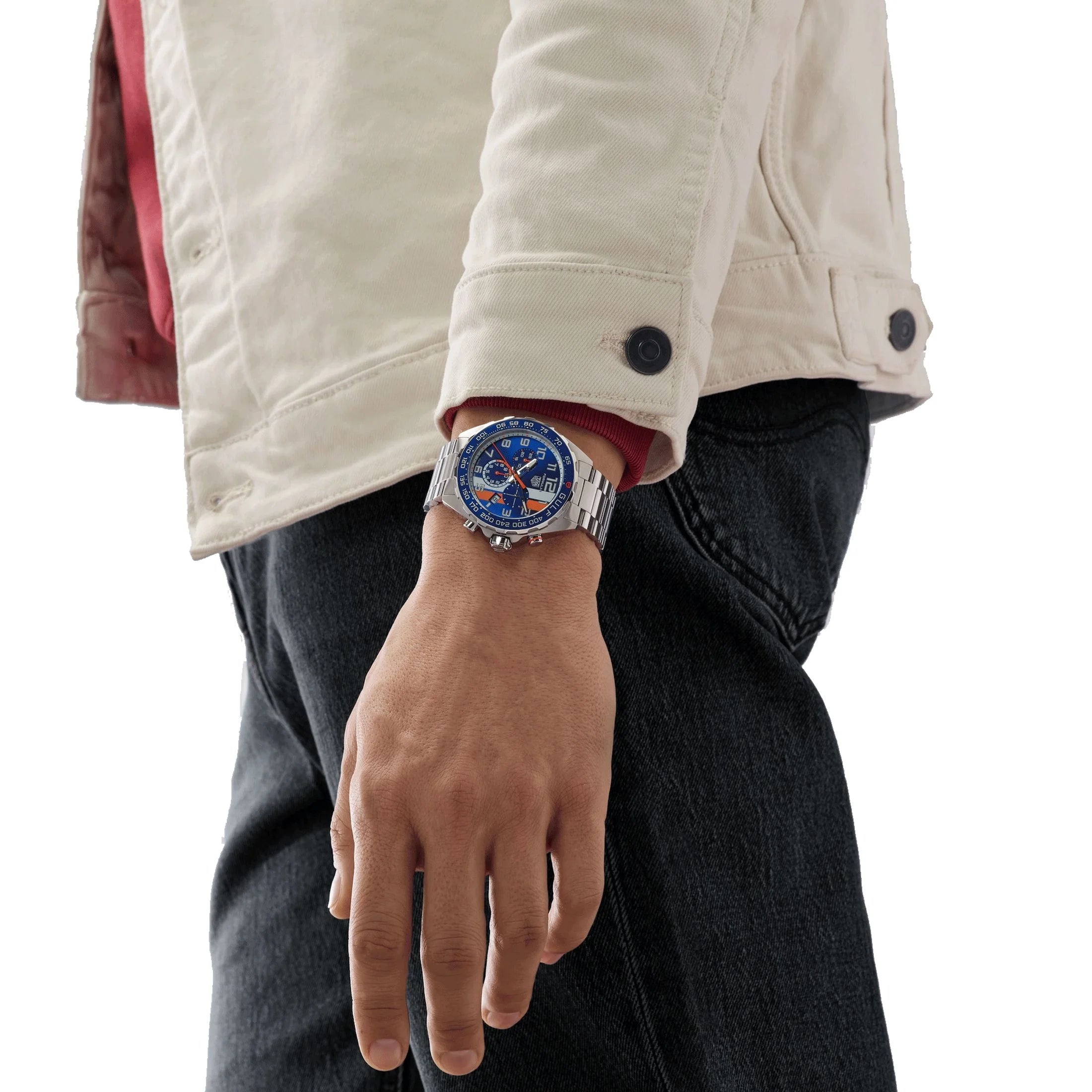 Montre TAG Heuer Formula 1 x Gulf Chronographe quartz cadran bleu bracelet acier 43 mm