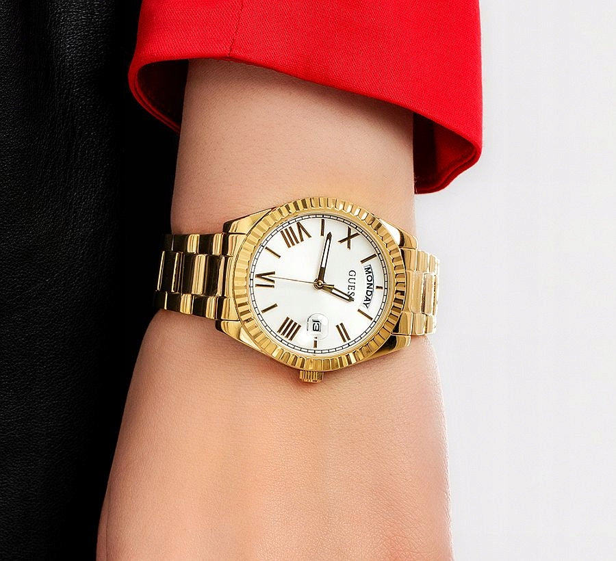 Montre Gûess Luna avec cadran blanc et bracelet en acier doré pour femme - GW0308L2