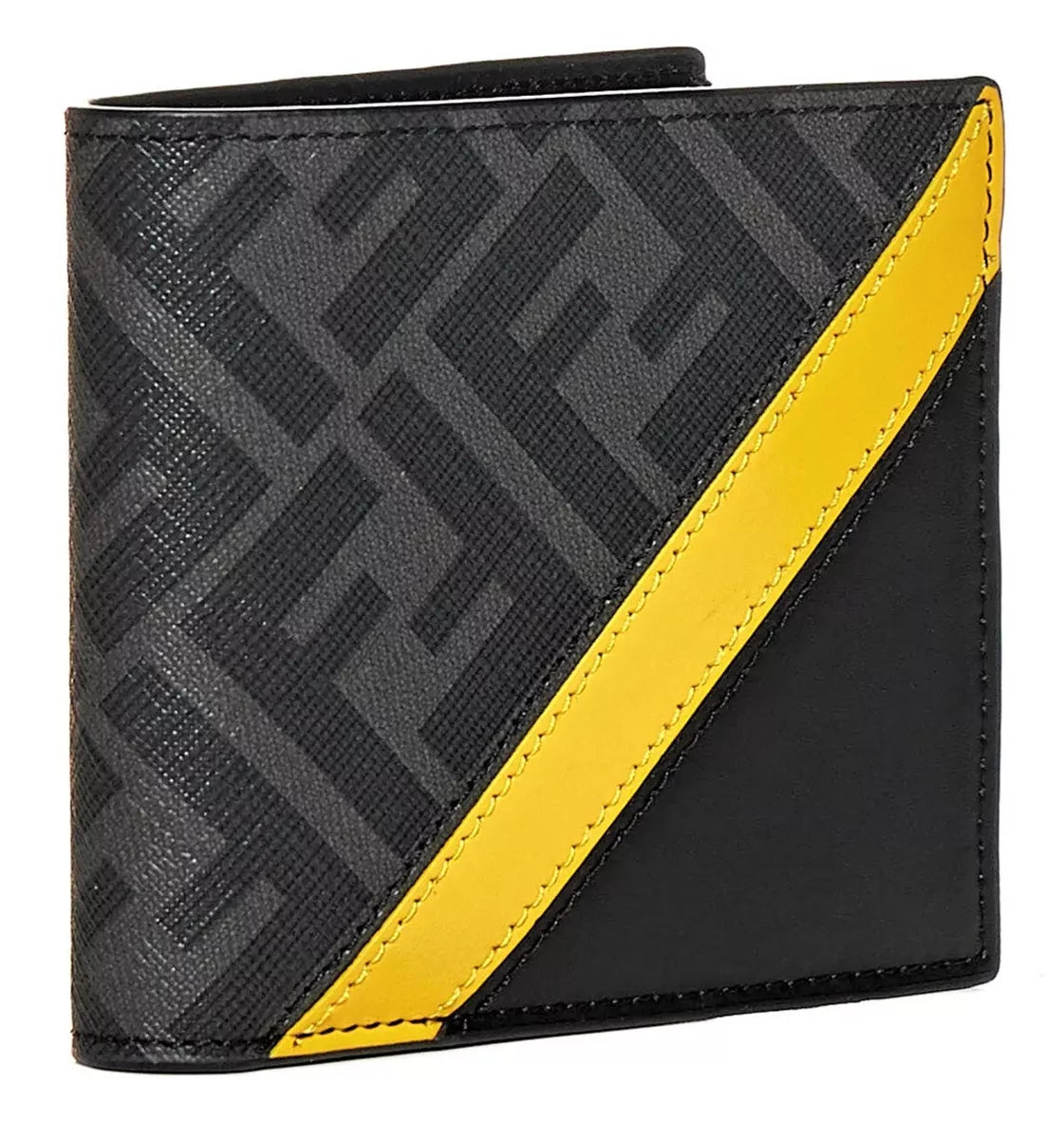 FÊNDÏ 'FF Diagonal Logo Yellow Band' Authentic Men's Canvas & Leather Wallet NWT