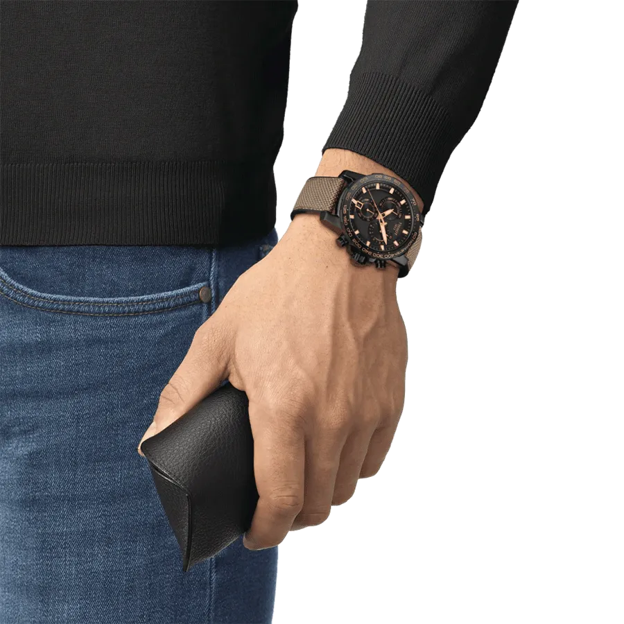 Tissot Supersport Chrono quartz black dial beige caoutchouc strap 45,5 mm