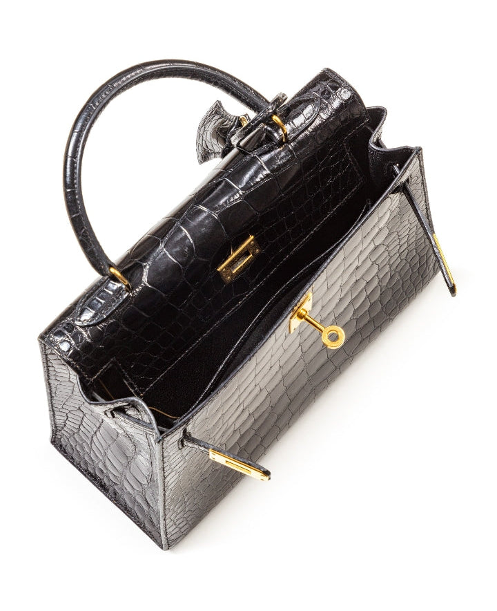 HRMS Sac Kelly 28 Sellier en alligator Mississippiensis noir brillant