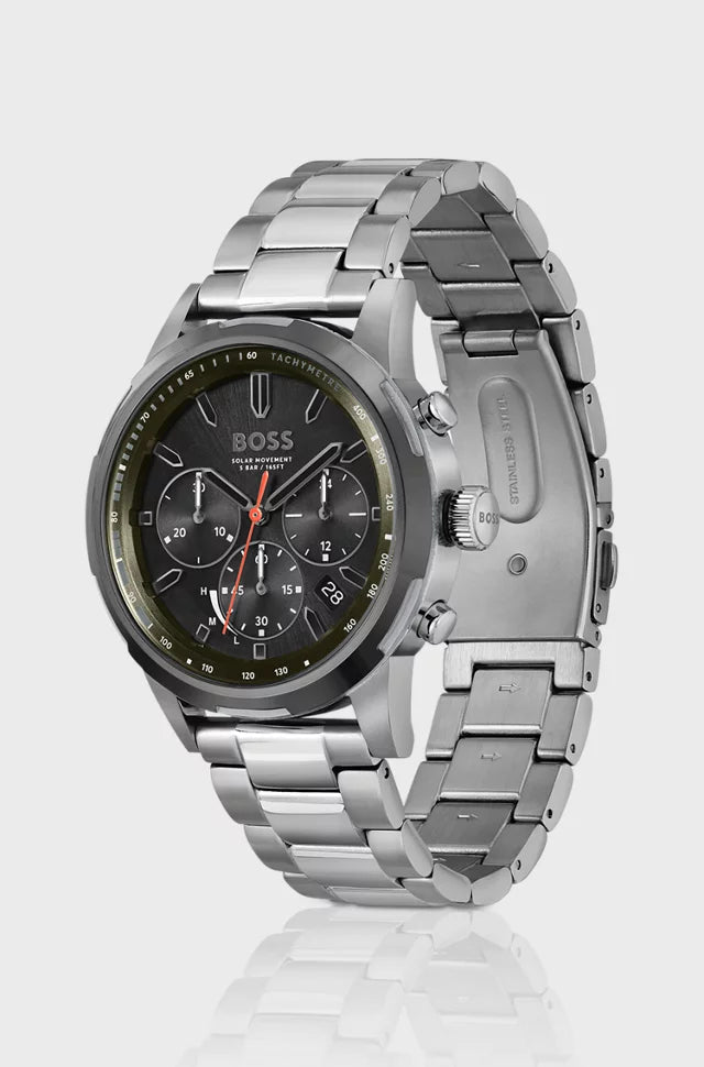 MONTRE CHRONOGRAPHE EN ACIER PLAQUÉ GRIS AVEC BRACELET À MAILLONS