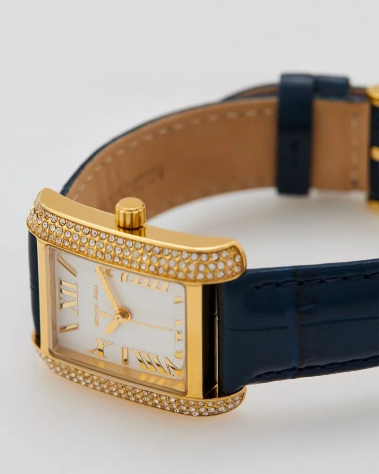 Montre Emery de Mich@el Kors à trois aiguilles, en cuir façon croco, bleu marine, MK2982