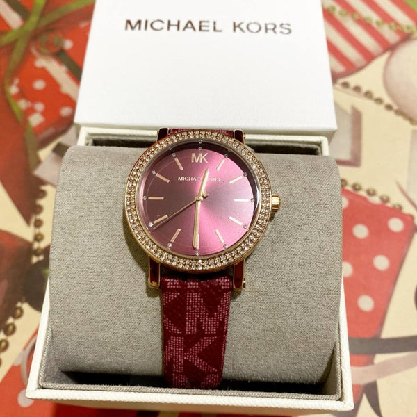Montre Mich@el Kors Curie pour femme, cadran rouge et bracelet en cuir rouge, cristaux - MKO1025