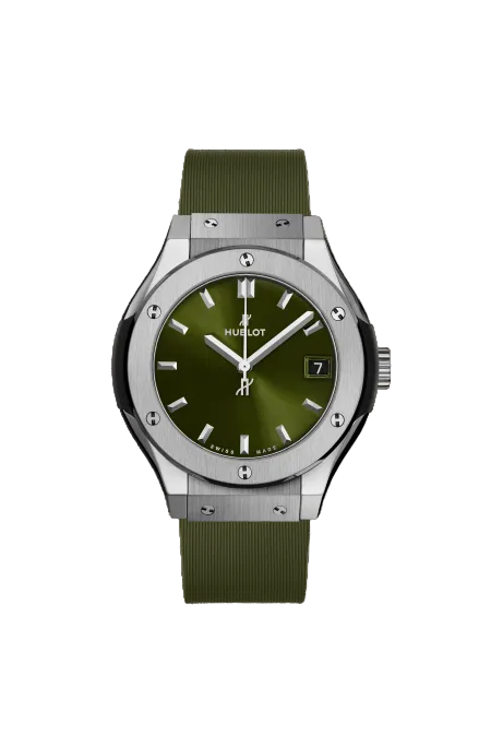 Montre Hublot Classic Fusion Titanium Green quartz cadran vert bracelet caoutchouc vert 33 mm
