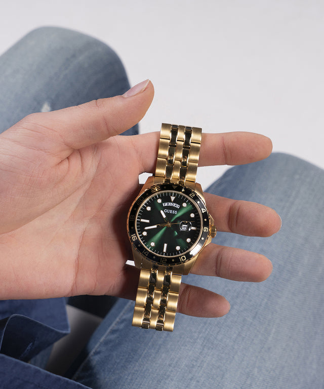 GUESS Mens Gold Tone Day/Date Watch