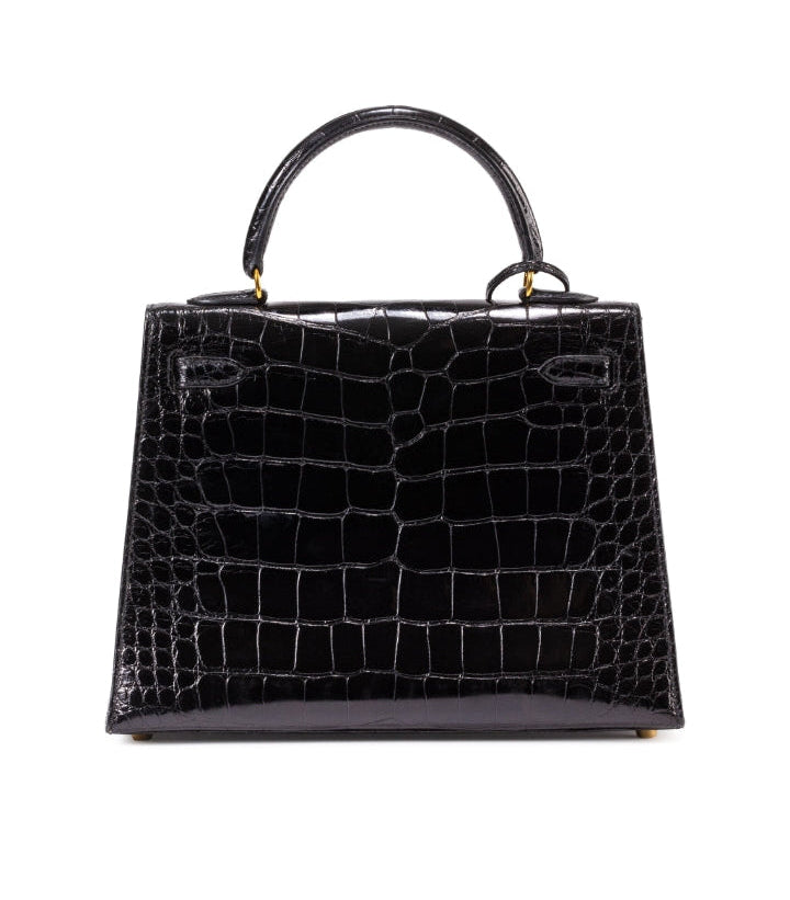 HRMS Sac Kelly 28 Sellier en alligator Mississippiensis noir brillant