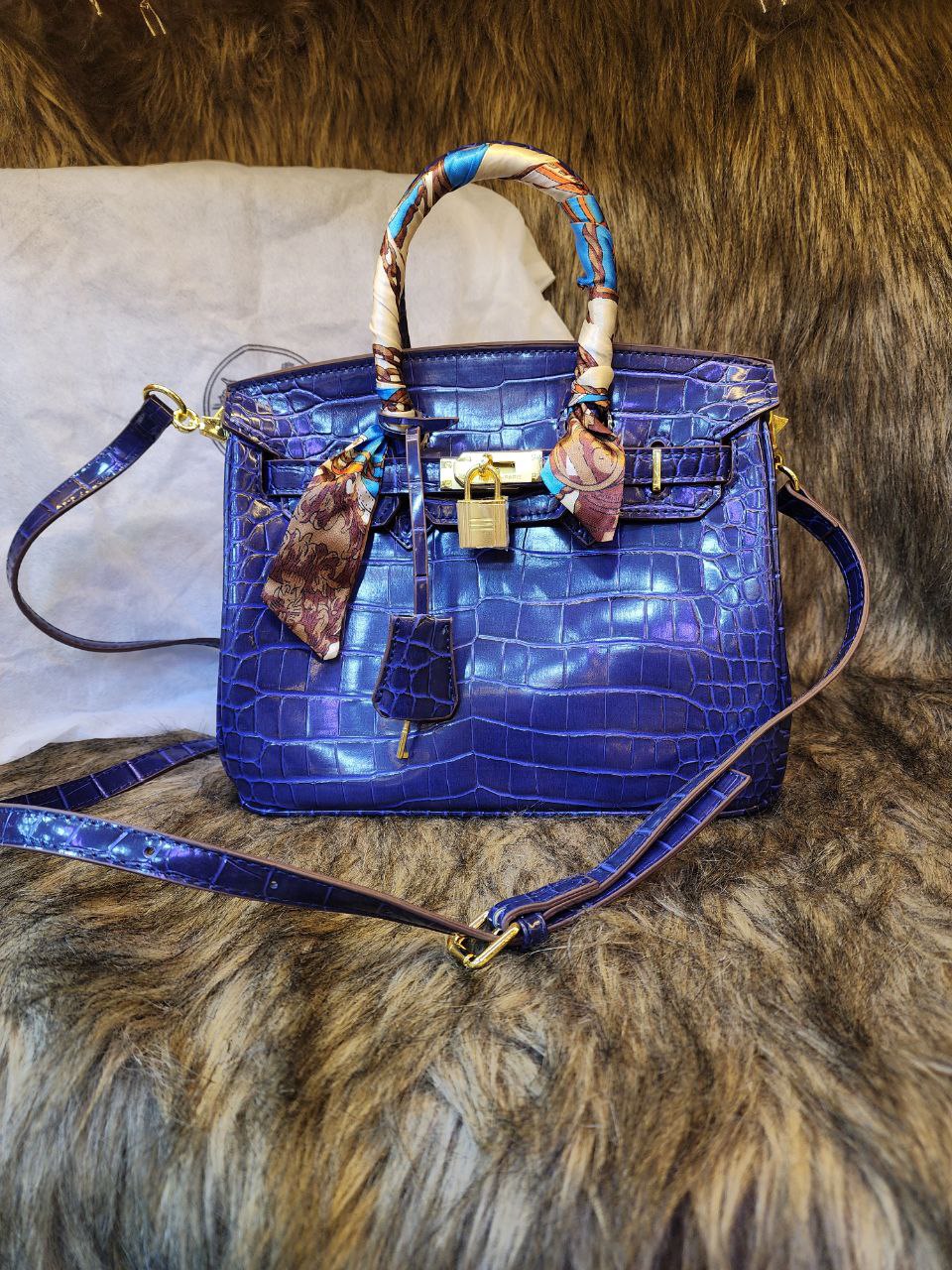 HRMS Sac à main poignée avec cadenas en véritable verni effet croco