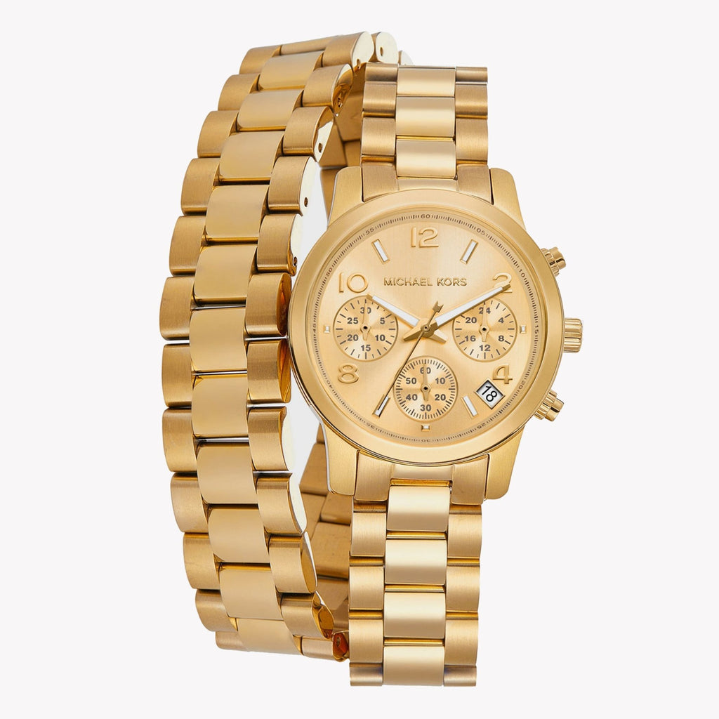Montre chronographe analogique Mich@el Kors Runway avec cadran doré et bracelet en acier doré pour femme - MK7452