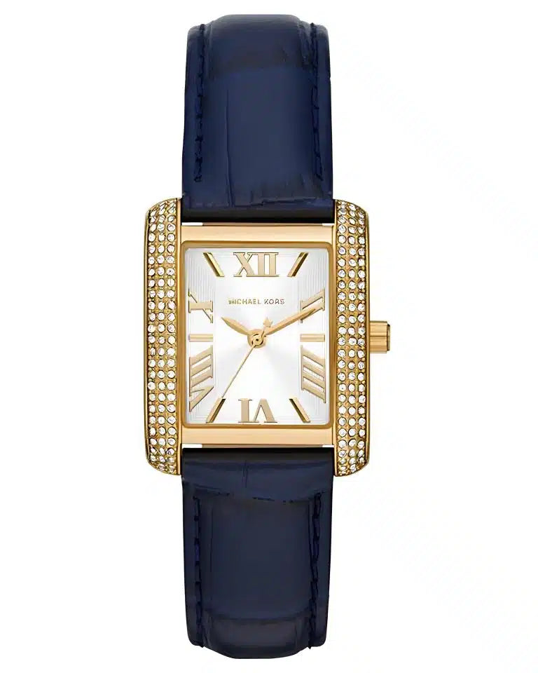 Montre Emery de Mich@el Kors à trois aiguilles, en cuir façon croco, bleu marine, MK2982