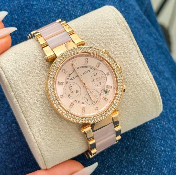 MK Montre Parker de ton or rose en acétate rose dragée