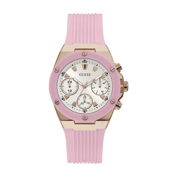 Guess Athena Damenuhr mit weißem Zifferblatt und rosa