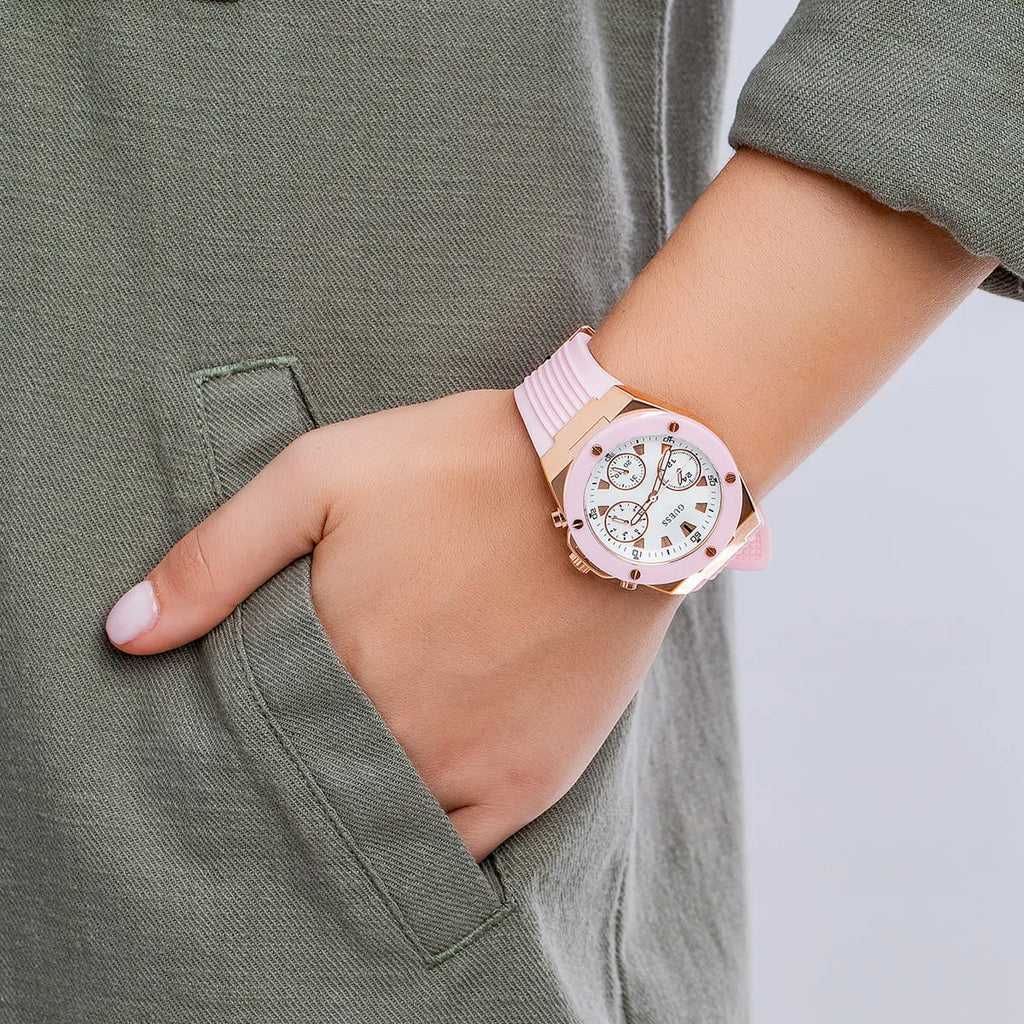 Guess Athena Damenuhr mit weißem Zifferblatt und rosa