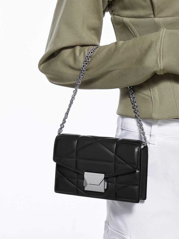 Blanche Chevron Chain-Strap Clutch - Noir
