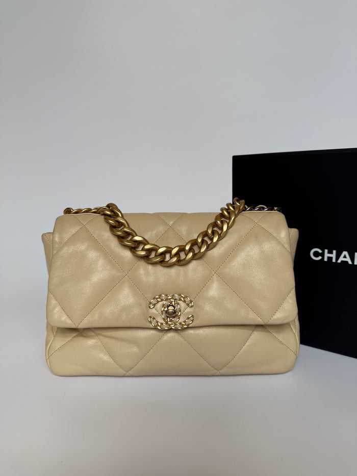 Ch@nel 19 Large Beige Lambskin Leather