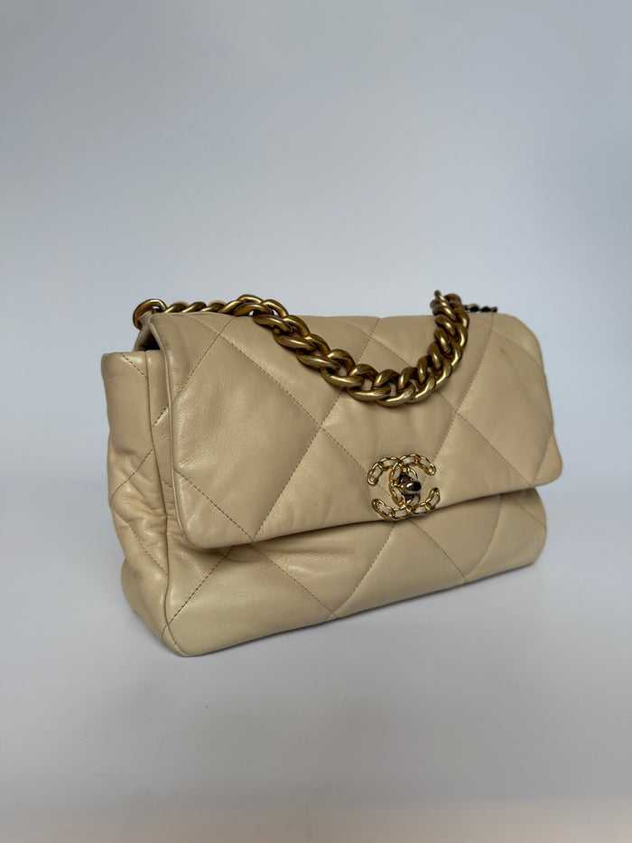 Ch@nel 19 Large Beige Lambskin Leather