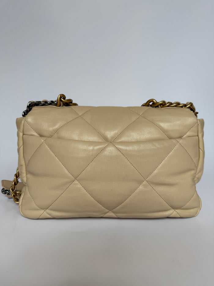 Ch@nel 19 Large Beige Lambskin Leather