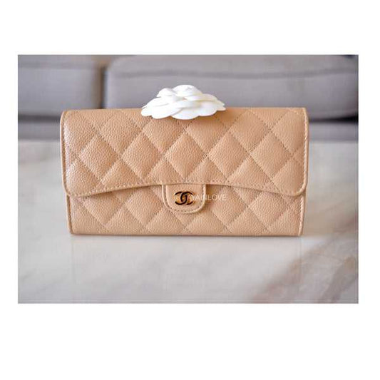 CH@NEL Beige Clair Caviar Long Clutch Flap Wallet Gold Hardware