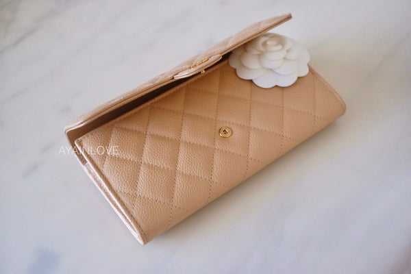 CH@NEL Beige Clair Caviar Long Clutch Flap Wallet Gold Hardware