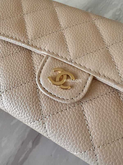 CH@NEL Beige Clair Caviar Long Clutch Flap Wallet Gold Hardware