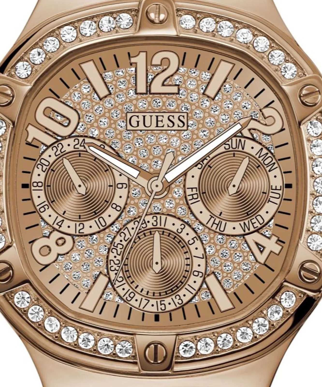 Gûess Duchess Rose Gold Dial Square Case Multi Function Women Watch