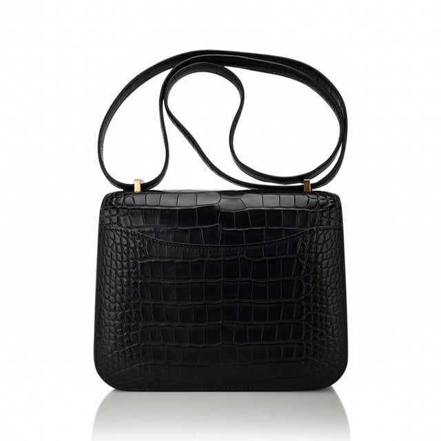 HRMS Constance 18 Sac Alligator noir mat Quincaillerie or et miroir