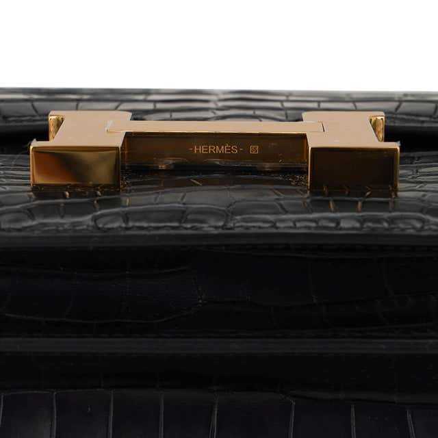 HRMS Constance 18 Sac Alligator noir mat Quincaillerie or et miroir