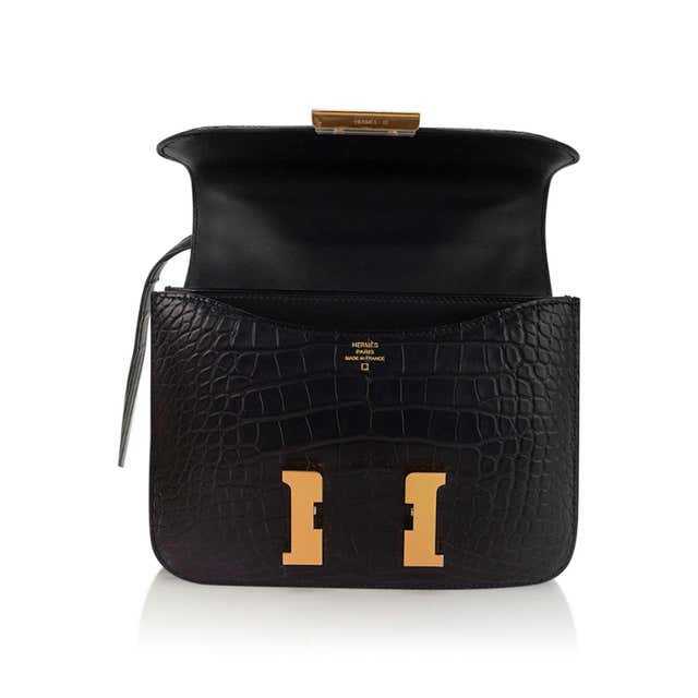 HRMS Constance 18 Sac Alligator noir mat Quincaillerie or et miroir
